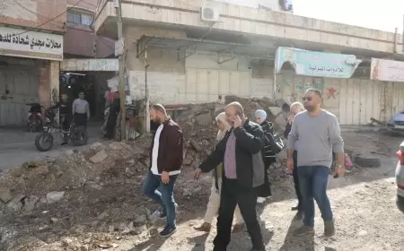 ممثل مسير أعمال محافظة طولكرم ميسون زريقي بمشاركة منسق فصائل العمل الوطني يتفقدون اثار عدوان الاحتلال في مخيم طولكرم .