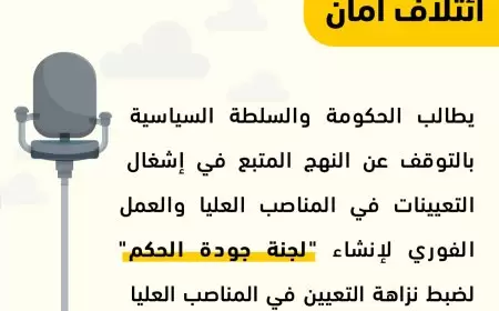 ائتلاف أمان يطالب الحكومة والسلطة السياسية بالتوقف عن النهج المتبع في إشغال التعيينات في المناصب العليا والعمل الفوري لإنشاء "لجنة جودة الحكم" لضبط نزاهة التعيين في المناصب العليا