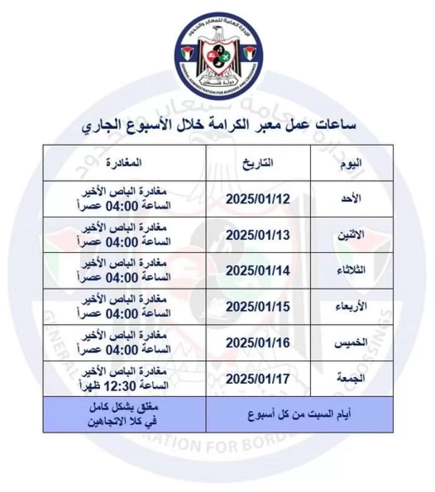 ساعات عمل معبر الكرامة خلال الأسبوع الجاري