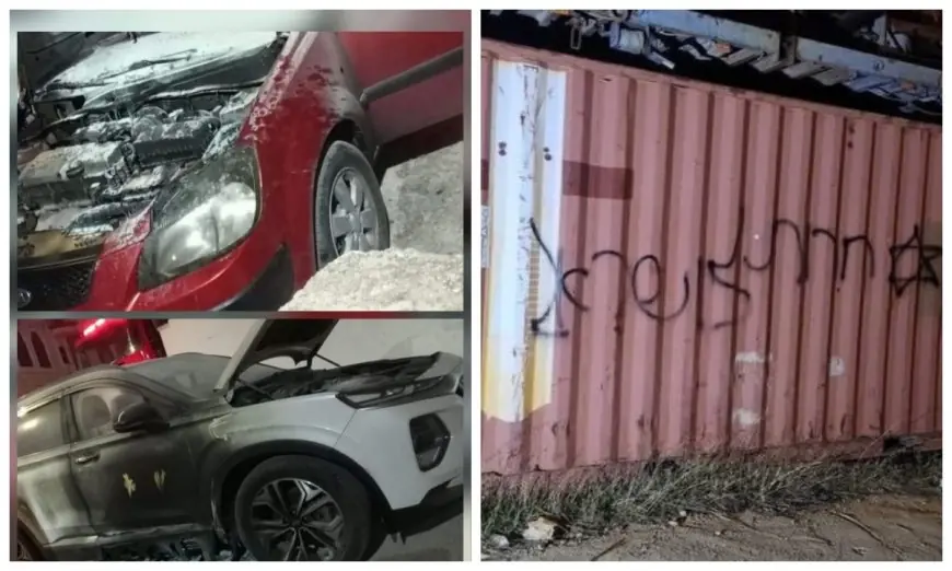 مستعمرون يحرقون مركبتين ويخطون شعارات عنصرية في عطارة شمال رام الله