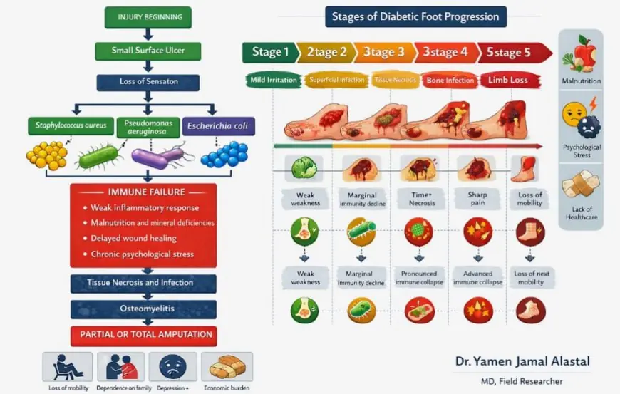 القدم السكري في البيئات الهشّة: تقرير ميداني من قطاع غزة حول التفاعل القاتل بين العدوى، المناعة، والعوامل الاجتماعية