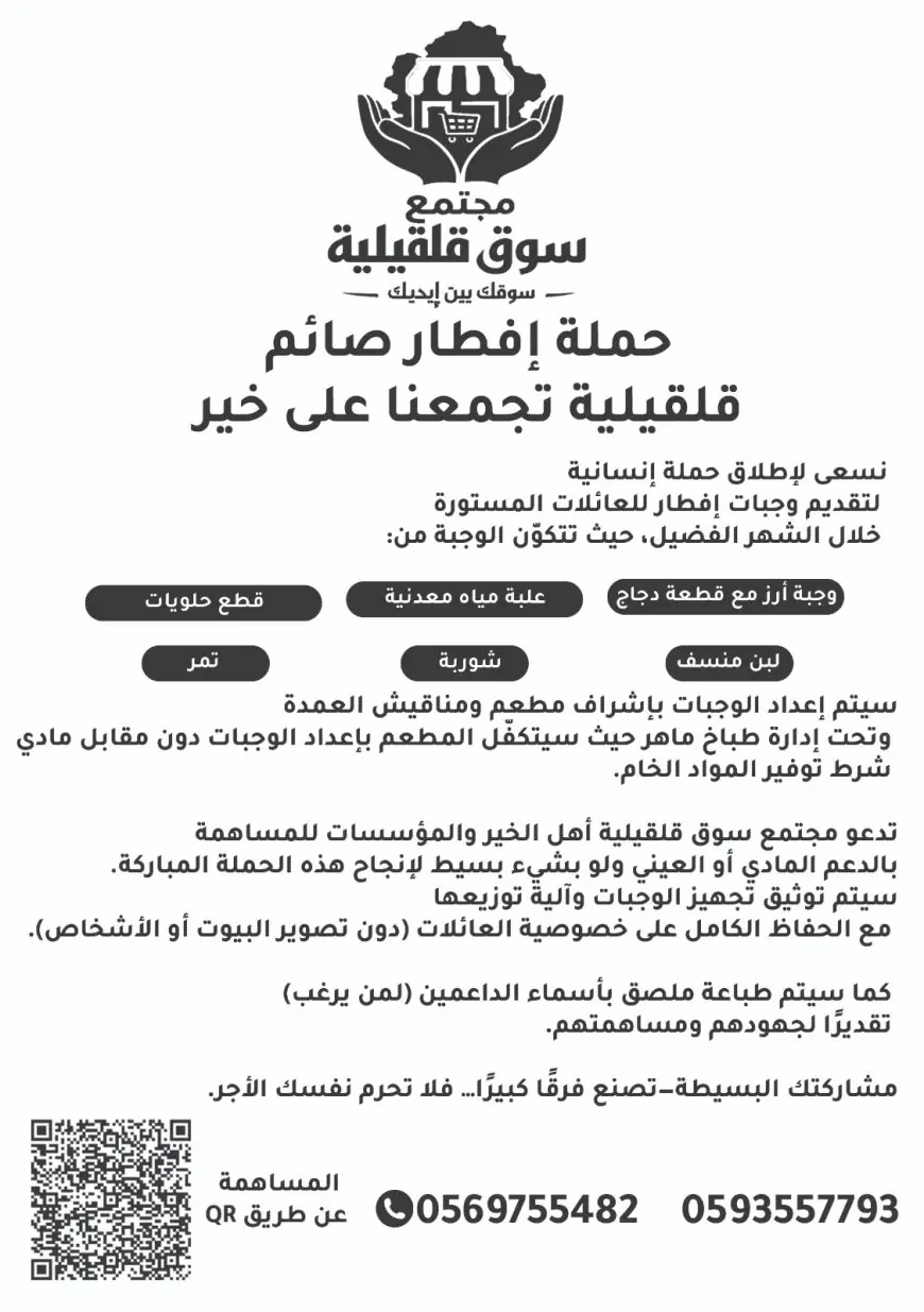 مجتمع سوق قلقيلية ينظم مبادرتي “إفطار صائم 1 و2” لدعم الأسر المحتاجة